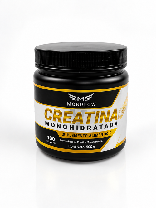 Frasco de creatina monohidratada Monglow de 500 g sobre fondo blanco